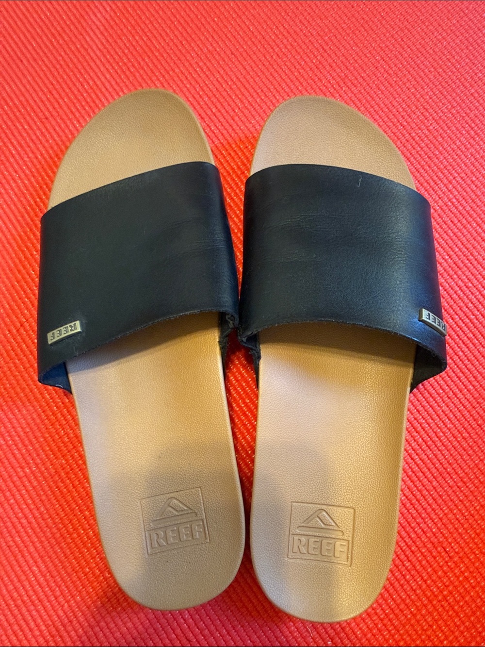 Reef Women’s Black Strap Slide Sandals with Tan Footbed